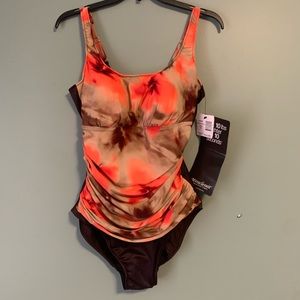 Coral Orange and Brown Miraclesuit Swim Suit, NWT